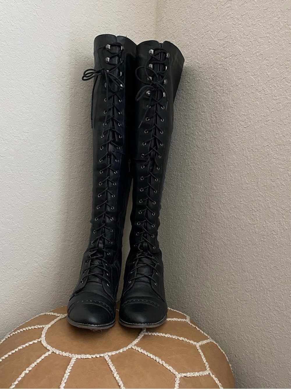 Wid-Calf Black Lace-Up Faux Leather Knee-High Women's Boots
